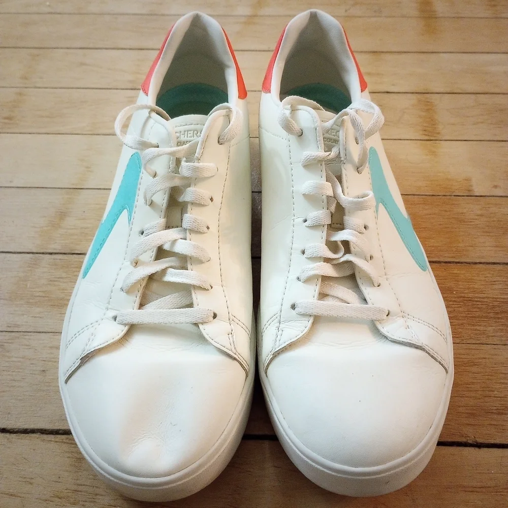 Skechers Eden LX Court Classics Off White With Coral Pink + Teal Accents Size 10